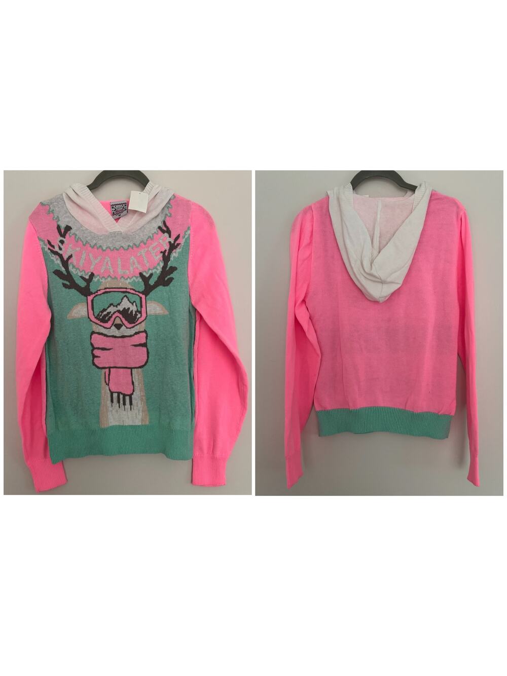 Well Worn Hooded Christmas Holiday Sweater, Reindeer Skiing in Pink